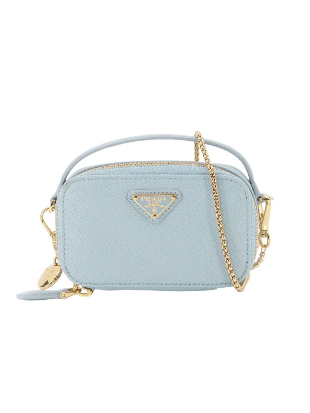 Prada Saffiano Triangle Mini Pouch Chain Shoulder Bag Leather Light Blue